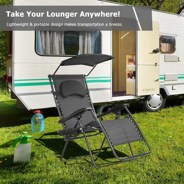 Folding Zero Gravity Chairs Metal Outdoor Lounge Chair in Black with Adjustable Canopy and Backrest