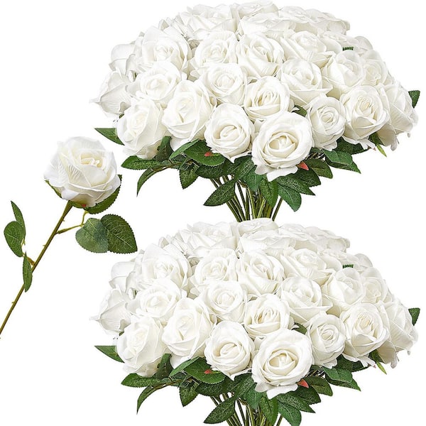 20 in. White Faux Bridal Shower with Stems, Artificial Flowers, 60 pcsReal Looking White Foam Fake Roses Bulk