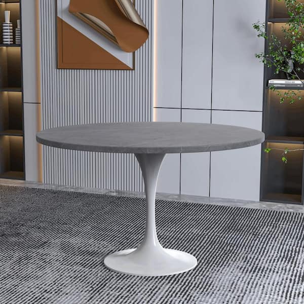 Verve Modern White Round Sintered Stone 48 in. with Pedestal Base Dining Table 4 Seater, Grey