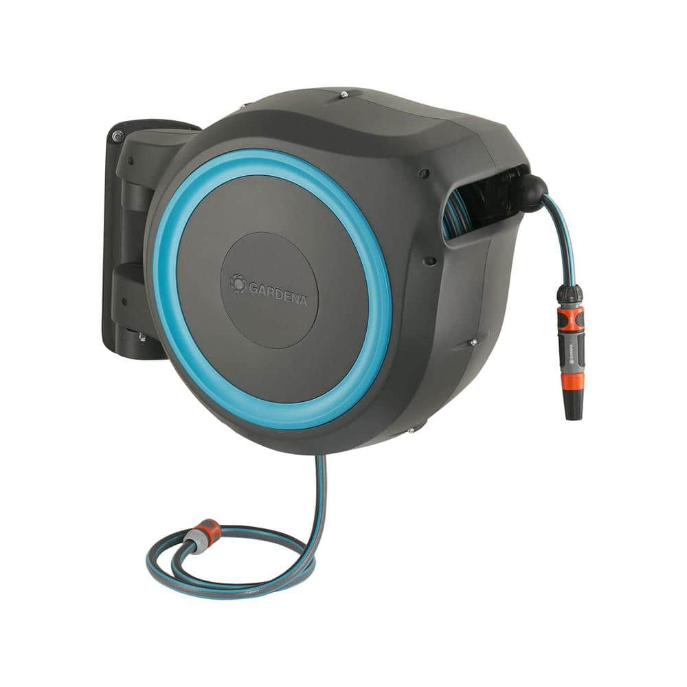 GARDENA 115 ft. Wall Mounted Retractable Hose Reel, Black and Turquoise