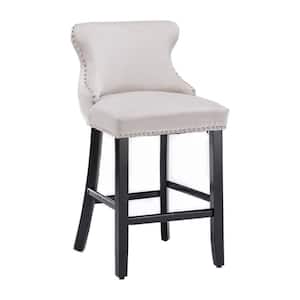 37" Beige Wing-Back Velvet Wood Frame Bar Stools with Button Tufted Seat and Nail head Trim Design Bar Chair (Set of 2)