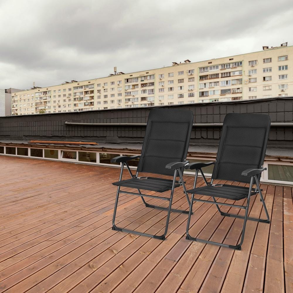 Adjustable Black Steel Frame Reclining Patio Chairs, Set of 2