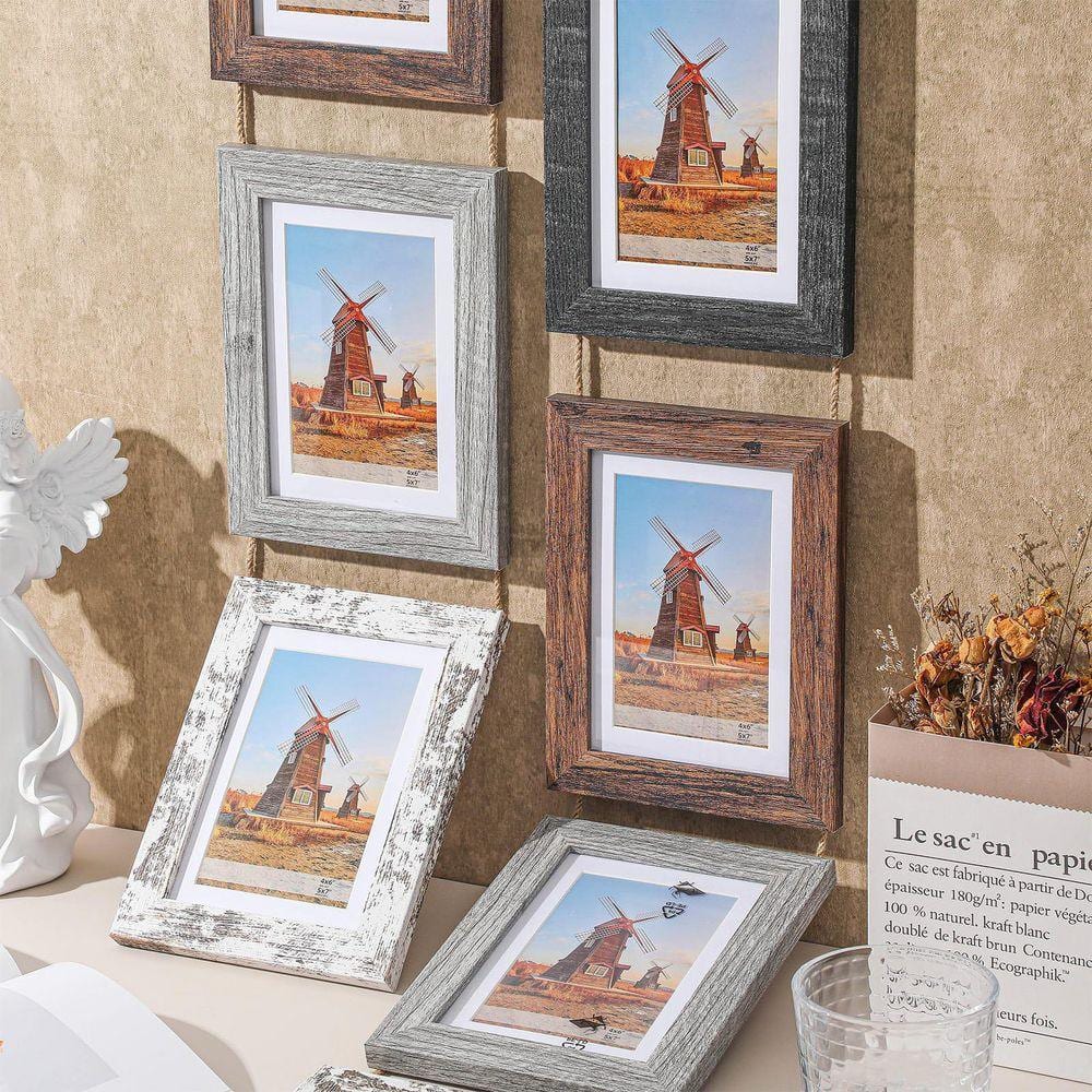 5 x 7 Rustic Wood Collage Frame Set of 8 with Jute Rope, Farmhouse