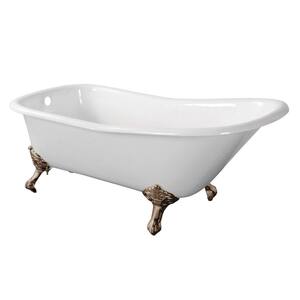 67 in. Cast Iron Single Slipper Clawfoot Bathtub in White with Feet in Brushed Nickel