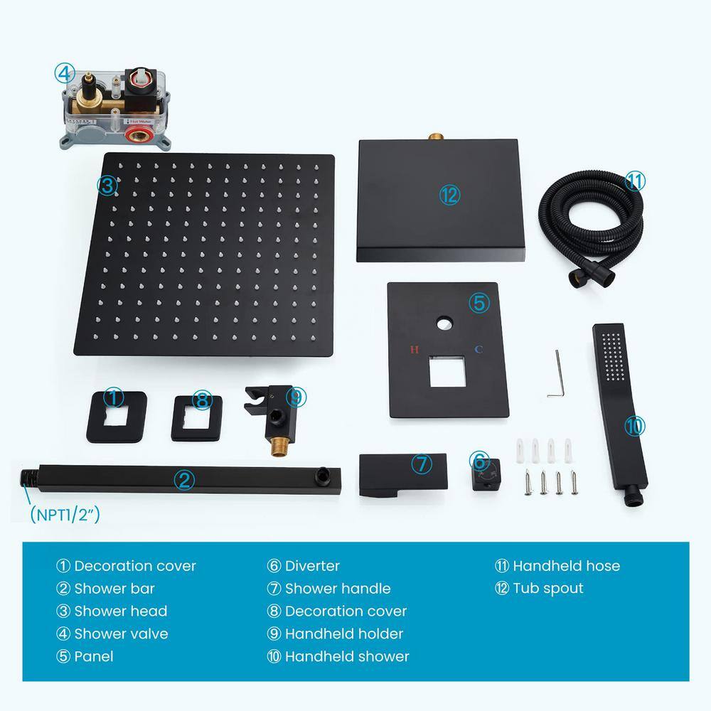 Matte Black 10-Inch Square Rainfall Shower Head with Handheld Spray