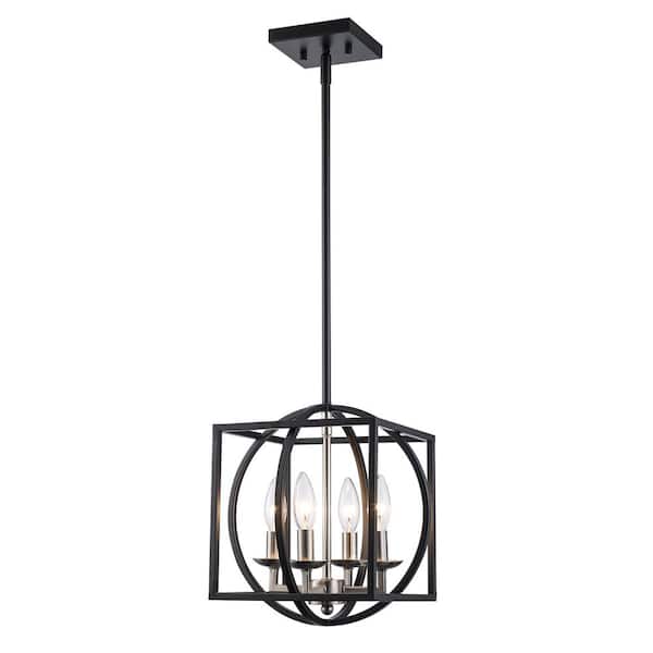 Bel Air Lighting Arzio 4-Light Brushed Nickel and Black Caged Chandelier Light Fixture with Metal Shade