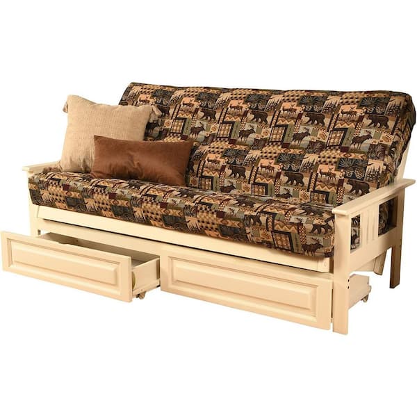 79 in. Antique White/Peter's Cabin Fabric Upholstered Full Size Futon Set with Mattress and Storage Drawers