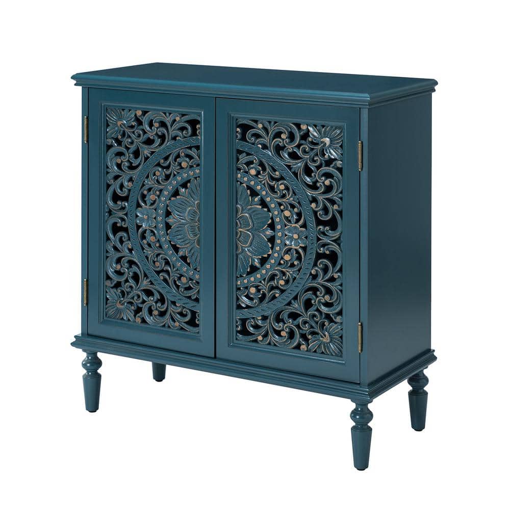 Herculaneum Traditional Blue 32 in. Tall 2-Door Accent Cabinet with Cut-out Floral Design