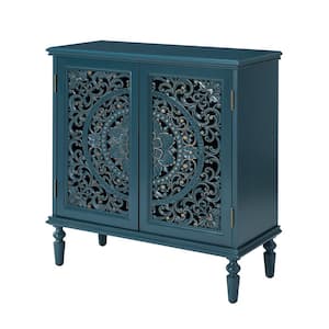 Herculaneum Traditional Blue 32 in. Tall 2-Door Accent Cabinet with Cut-out Floral Design