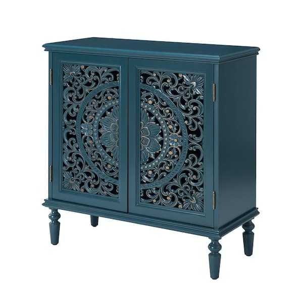 Herculaneum Traditional Blue 32 in. Tall 2-Door Accent Cabinet with Cut-out Floral Design