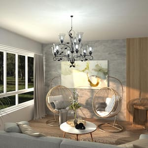 9-Light Oil Rubbed Bronze Traditional Candle Style Empire Chandelier with Clear Water Wave Glass Shade