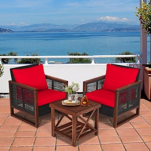 Outdoor 3 Pieces Acacia Wood And Rattan Patio Furniture Set with Coffee Table And Red Cushions