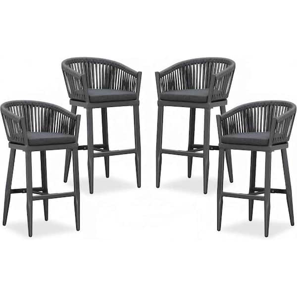 Modern Aluminum PE Rattan Bar Height Outdoor Bar Stool with Back and Grey Cushion (4-Pack)