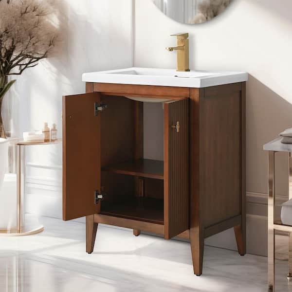 24 in. W x 18.5 in D x 34 in. H Single Sink Bath Vanity Cabinet in Linear Walnut with Ceramic Top
