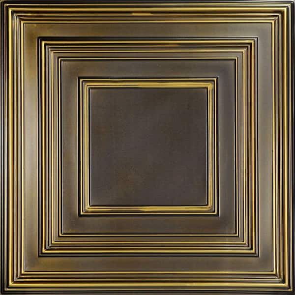 FROM PLAIN TO BEAUTIFUL IN HOURS Schoolhouse 2 ft. x 2 ft. PVC Lay-in or Glue-up Ceiling Panel in Antique Brass (100 sq. ft. / case)