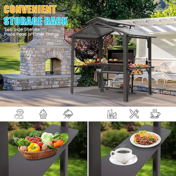 8 ft. x 5 ft. Gray Outdoor Gazebo with Double Roof, Permanent Sun Shade, 2 Side Shelves, and Ceiling Hook