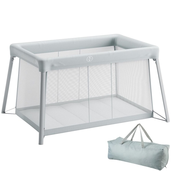 Baby Travel Crib and Play Yard, Folding Baby Playpen with Soft Mattress Pad, Light GrayPortable Toddlers Crib