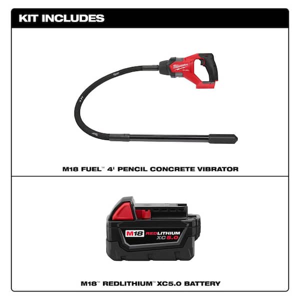 M18 FUEL 18V Lithium-Ion Brushless Cordless 4 ft. Concrete Pencil Vibrator w/5.0 Ah Battery