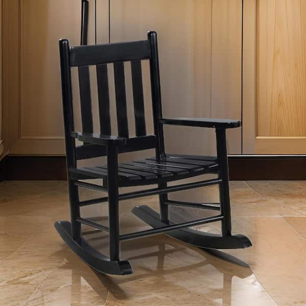 Benjara Youth Black Wooden Slatted Design Back Rocking Chair
