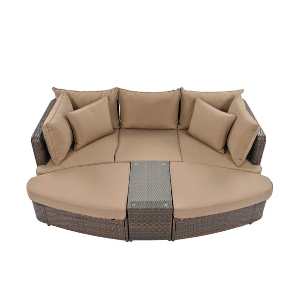 Zeus & Ruta 6-Piece Wicker Outdoor Patio Conversation Round Sofa Set, Separate Seating Group with Coffee Table, Brown Cushions