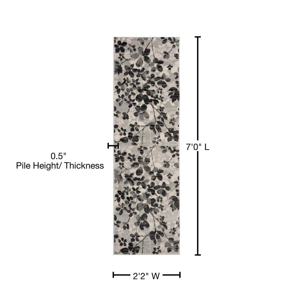 Evoke Grey/Black Floral Non-Shedding 2'2" x 7' Runner Rug