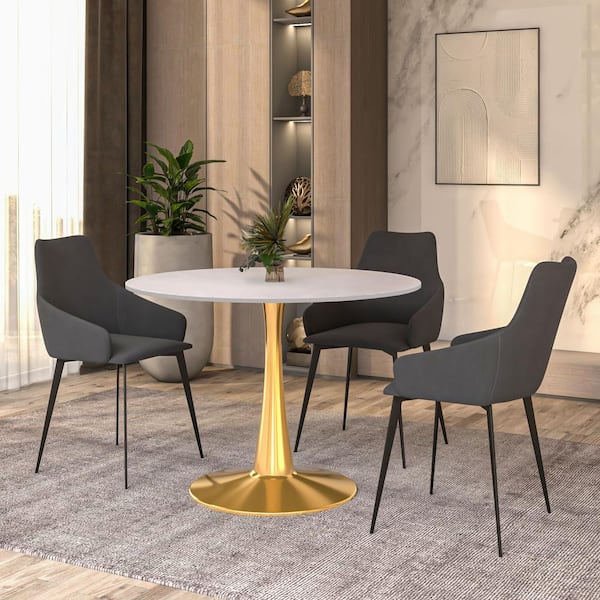 Leisuremod Round Dining Table Modern 40 in. MDF Wood Tabletop with Gold Steel Pedestal Base Bristol Series in White