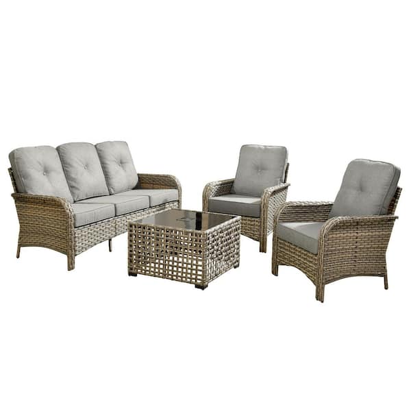 Ruby 4-Piece Wicker Outdoor Furniture Patio Conversation Sofa Set with a Solar-LED Coffee Table and Dark Grey Cushions