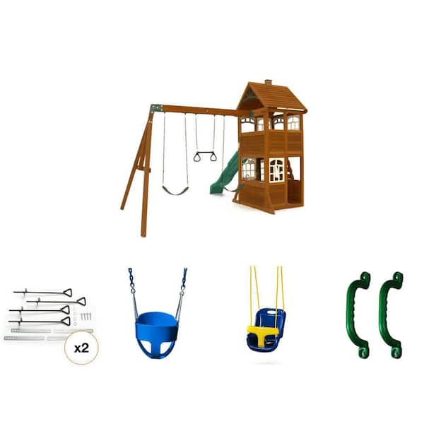 Green Safety Handles, Blue Infant & Full-Bucket Swings, DIY Playground Set with Anchors Kit