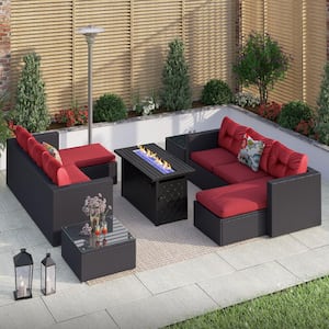 Black Rattan Wicker 6 Seat 7-Piece Steel Outdoor Fire Pit Patio Set with Red Cushions and Rectangular Fire Pit Table
