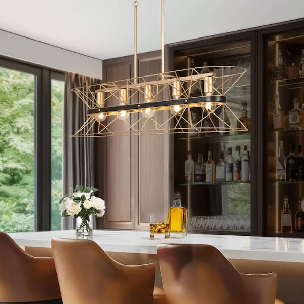 Modern Industrial 39.4 in. W 5-Lights Black Island Lamp, Chandelier Lighting with Gold Caged Metal Shade Dinging Room
