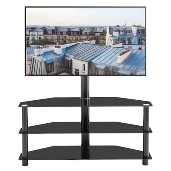 Etokfoks Black Multi-function Height Adjustable Standalone Mount TV Stand with Bracket for 32 in - 65 in. TV's, 3 Open Shelves