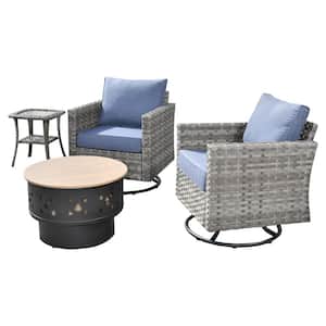Eufaula Gray 4-Piece Wicker Patio Conversation Swivel Chair Set with a Wood-Burning Fire Pit and Denim Blue Cushions
