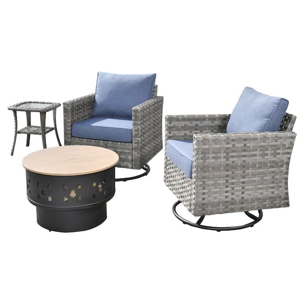 Eufaula Gray 4-Piece Wicker Patio Conversation Swivel Chair Set with a Wood-Burning Fire Pit and Denim Blue Cushions