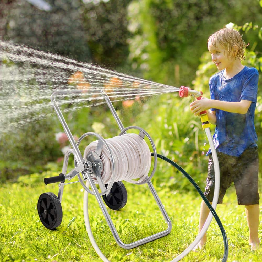 Heavy Duty Silver Steel Manual Crank Hose Reel Cart with Wheels