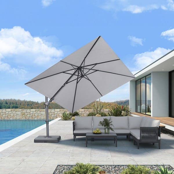 PURPLE LEAF 10 ft. Square Outdoor Patio Umbrella Cantilever Swivel Umbrella Aluminum Offset 360° Rotation Umbrella in Pebble Grey
