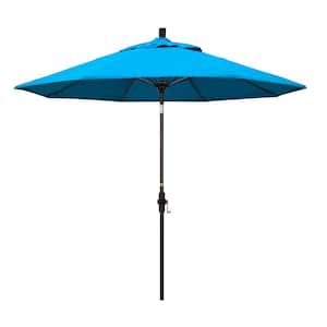 9 ft. Bronze Aluminum Market Collar Tilt Crank Lift Patio Umbrella in Canvas Cyan Sunbrella