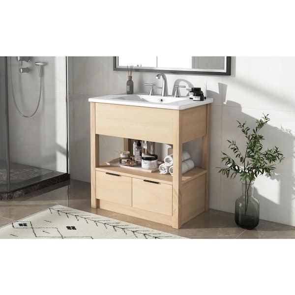 Unbranded 30 in. W x 18 in. D x 33 in. H Single Sink Freestanding Bath Vanity in Natural with White Ceramic Top