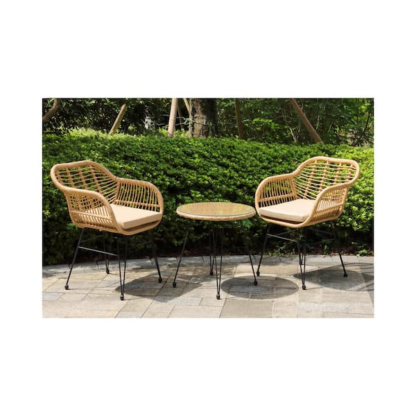 Molly 3-Piece Wicker Outdoor Patio Conversation Seating Set with Removeable Beige Cushions and Side Table