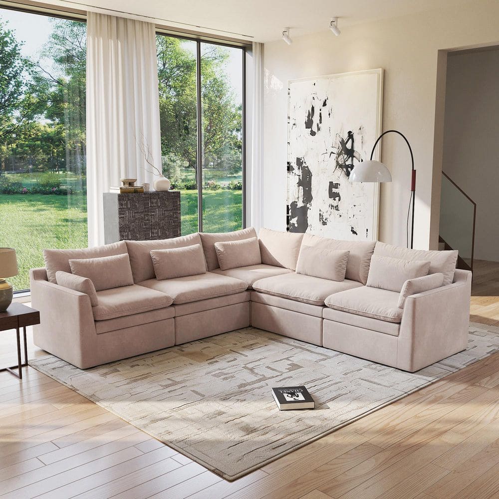 Stain Resistant Washable Coves 117 in. Track Arm Cloud Soft 5-Piece Polyester Modular Sectional Sofa in Khaki price history on PriceWatchPro