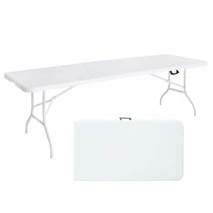 8 ft. White Folding Picnic Table for Outdoor, Portable Fold-in-Half Plastic Dining Party Table with Carrying Handle