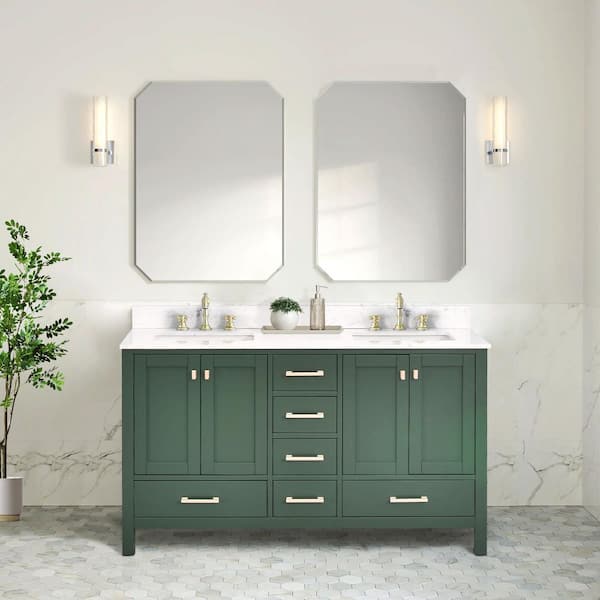 Bath Mist 60 in. W. Double Sink Freestanding Bath Vanity in Green with White Engineered Top