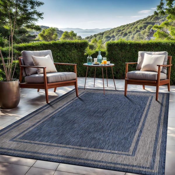 Essence Navy/Silver 6 ft. x 9 ft. Bordered Easy to Clean Indoor Outdoor Area Rug