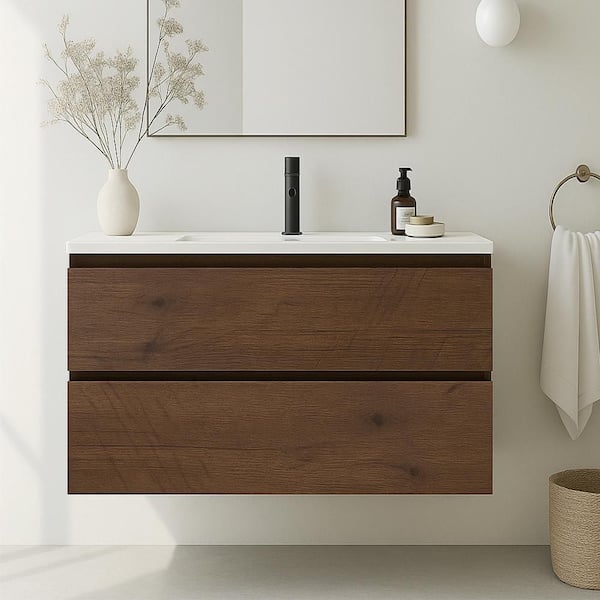 30 in. Floating Single Sink Walnut Bath Vanity with White Ceramic Top