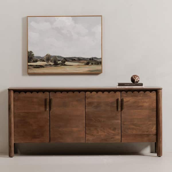 Thalen Vintage Brown Mango Wood Buffet with Brass Hardware and 4-Doors