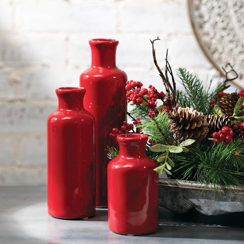 Red Ceramic Bottle Vase Set in Three Sizes