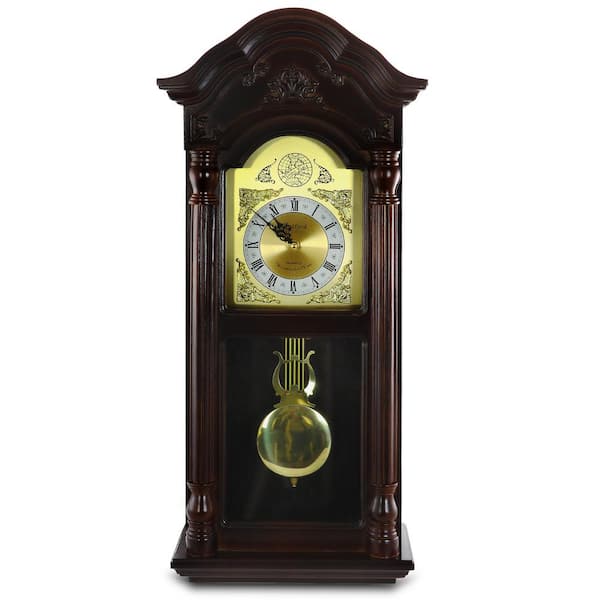 Bedford Clock Collection 25.5 in. Antique Mahogany Cherry Oak Chiming Wall Clock with Roman Numerals