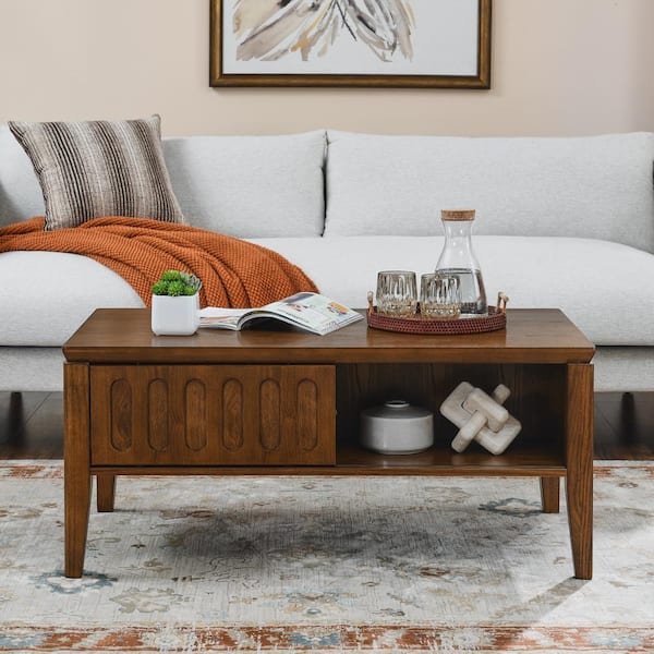 Walnut Mid Century Modern Fluted Coffee Table with Storage Sliding