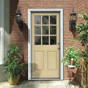 30 in. x 80 in. 9-Lite Unfinished Wood Prehung Left-Hand Inswing Entry Door with Primed AuraLast Jamb and Brickmold