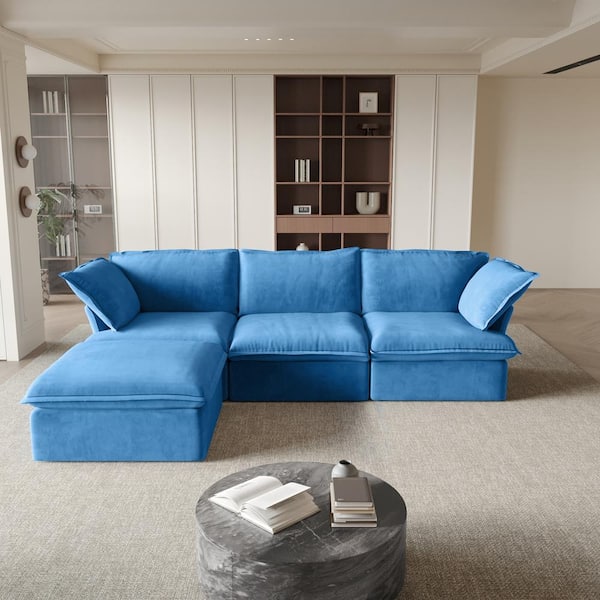 J&E Home 122.82 in. Flared Arm 4-Piece Linen Down-Filled Deep Seat Modular Free Combination Sectional Sofa with Ottoman in. Blue