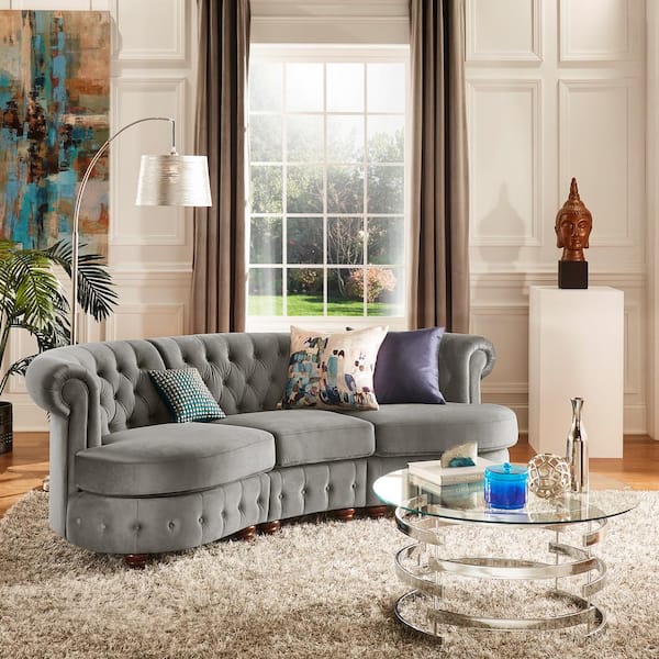 HomeSullivan 94.5 in. Grey Velvet Tufted Scroll Arm Chesterfield Curved 3 Seat Sofa